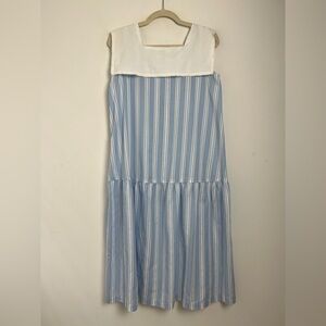 Vintage Great Times Medium Blue White Stripe Square Neck Bib Sleeveless Dress